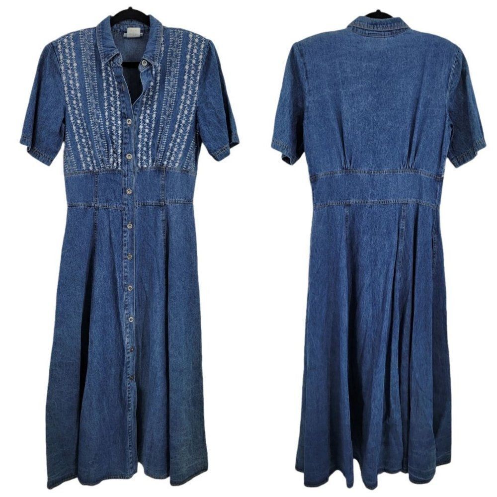 Vtg 80's Dress Embroidered Modest Denim Pinafore Prairie Maxi Pockets Sz S